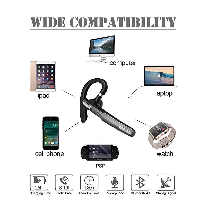 Bluetooth Headset Wireless Bluetooth Earpiece V41HandsFree Earphones with Noise Cancellation Mic for DrivingBusinessOffice Compatible with iPhone and Android Gray