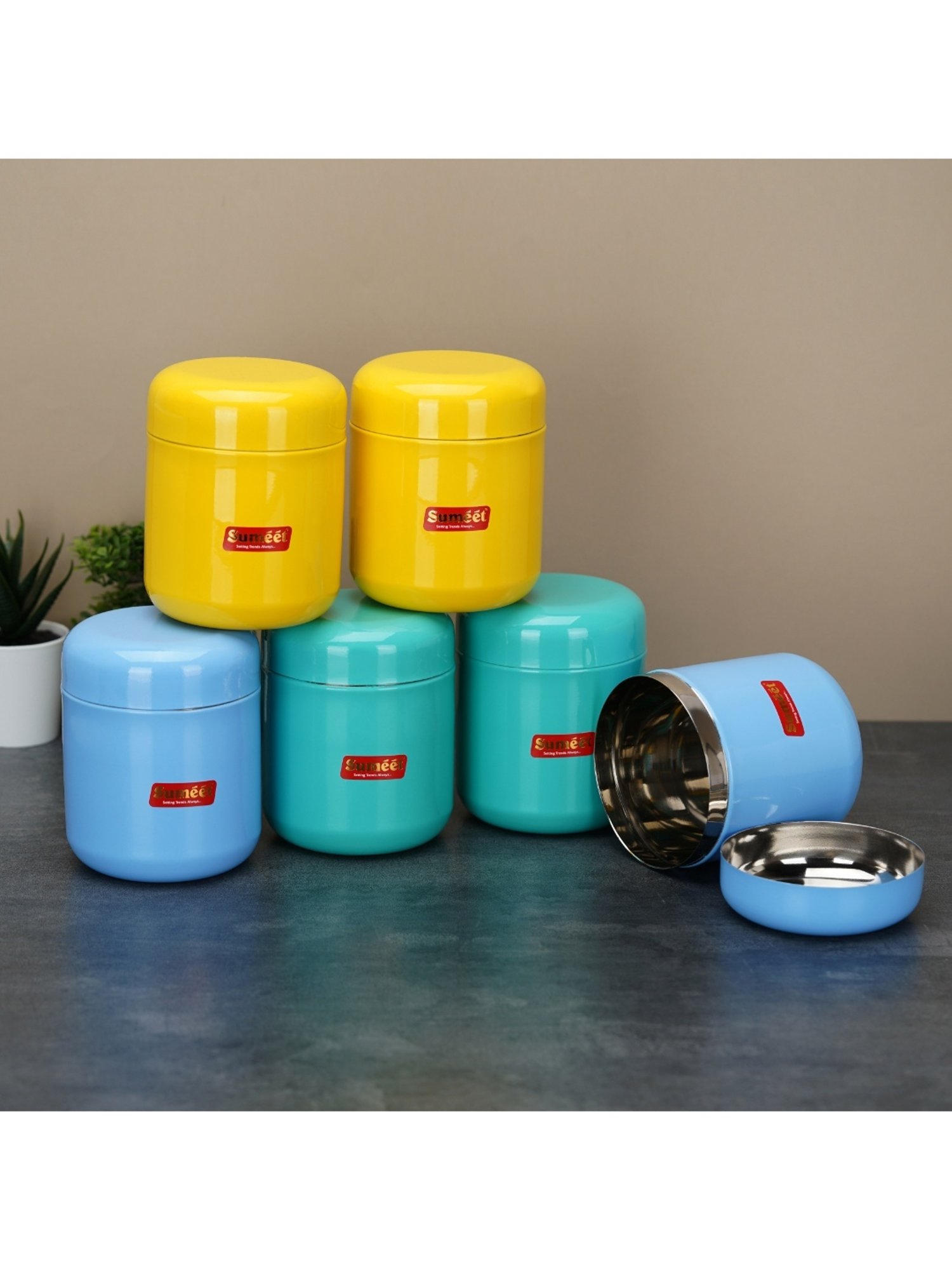 Sumeet S.S.Multi Color Small Canisters/Jars/Storage Containers set of 6Pc,350ml capacity each,7.5cm