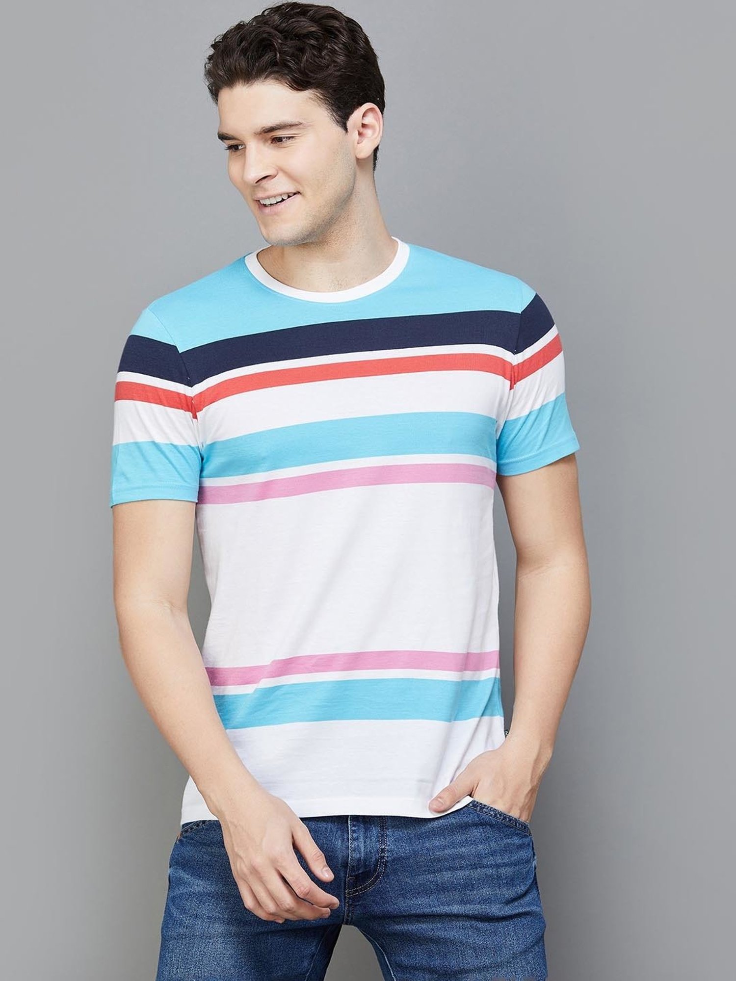 BOSSINI White Regular Fit Striped Crew T-Shirt