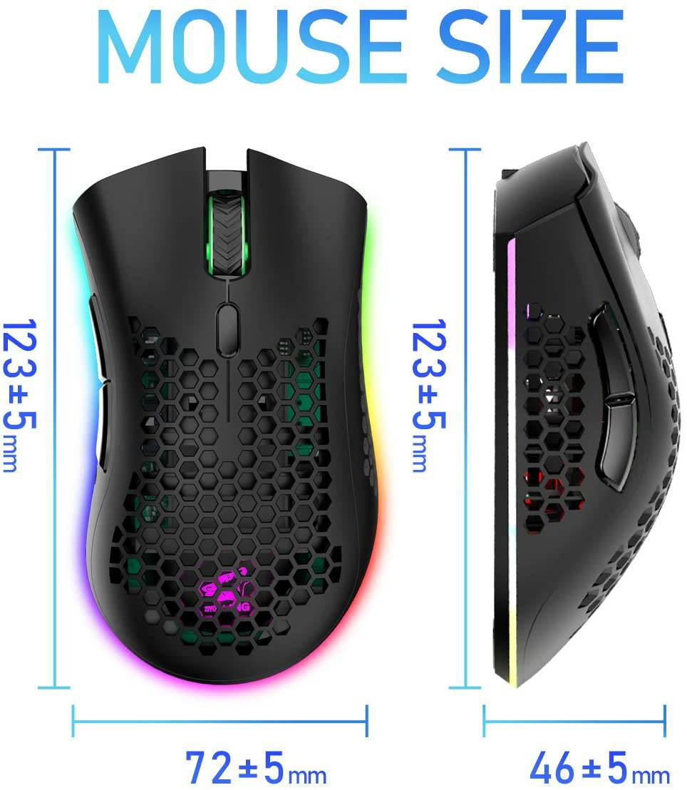 Gaming Mice Wireless Lightweight Gaming Mouse Honeycomb with 7 Button Multi RGB Backlit Perforated Ergonomic Shell Optical Sensor Adjustable DPI Rechargeable 800mAh Battery USB Receiver for PC Laptop