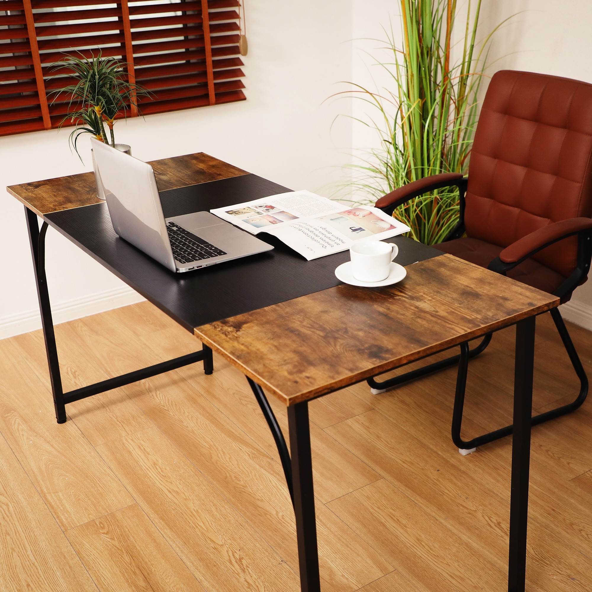 56Inch Computer Desk Home Office Desk Writing Table Study Desk Gaming Desk with A Contrasting Color Splice Board Design , Black Metal Frame