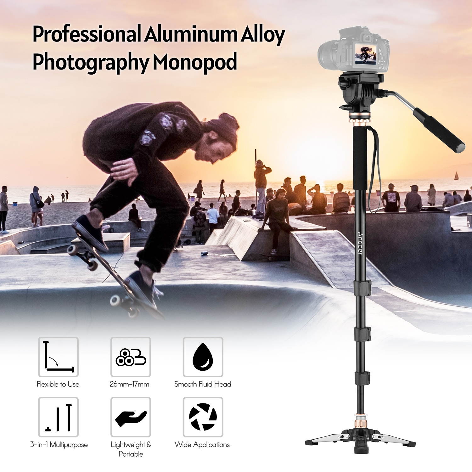 Andoer 173cm/68inch Photography Monopod Stand Aluminum Alloy 6kg Load Capacity with Detachable 3-Leg Tripod Base Pan Tilt Fluid Head Carry Bag Compatible with DSLR Cameras Camcorders