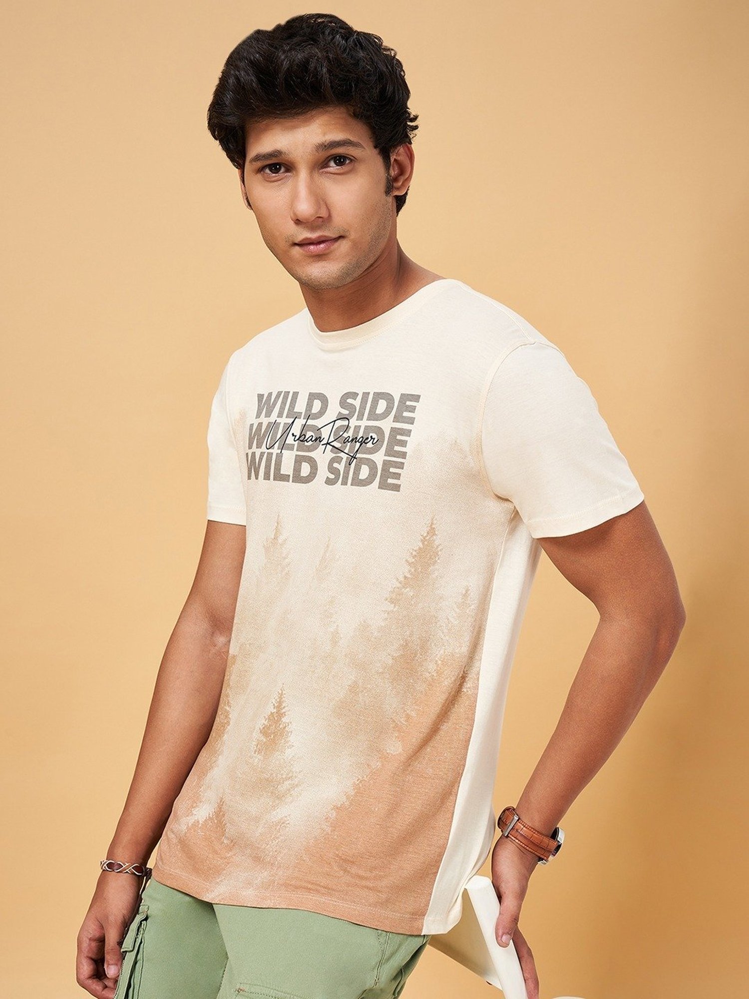Urban Ranger by Pantaloons Cream Cotton Slim Fit Printed T-Shirt