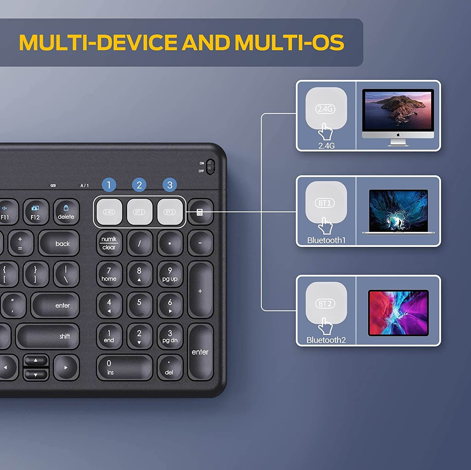 Multi-Device Bluetooth Keyboard, iClever DKA2KB Dual Mode (Bluetooth 4.2 + 2.4G) Wireless Keyboard, Ergonomic Ultra-Slim Computer Keyboard with iPad Holder for Mac, Windows, Android, PC, Laptop, Black