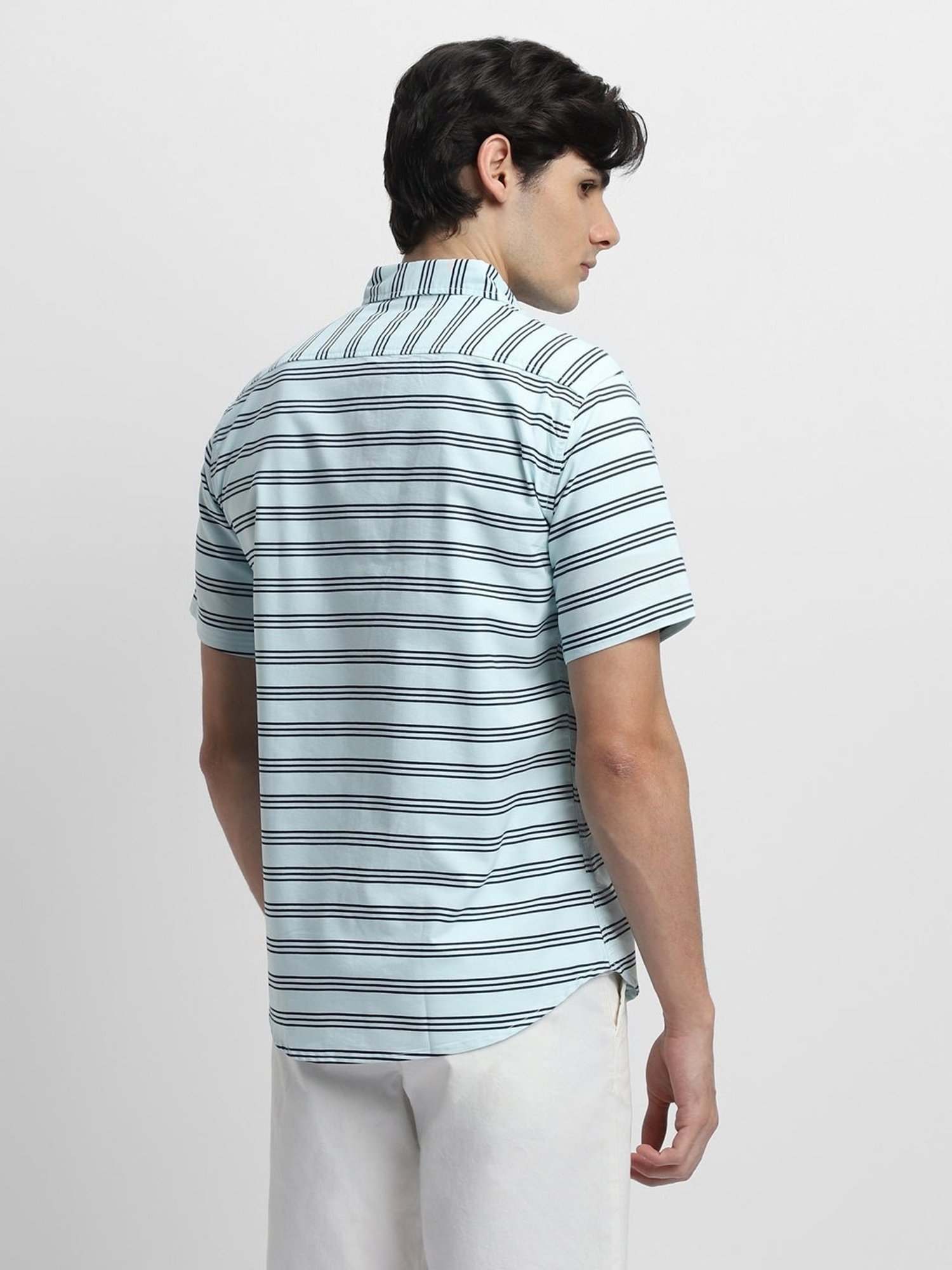 Dennis Lingo Green Cotton Slim Fit Striped Shirt