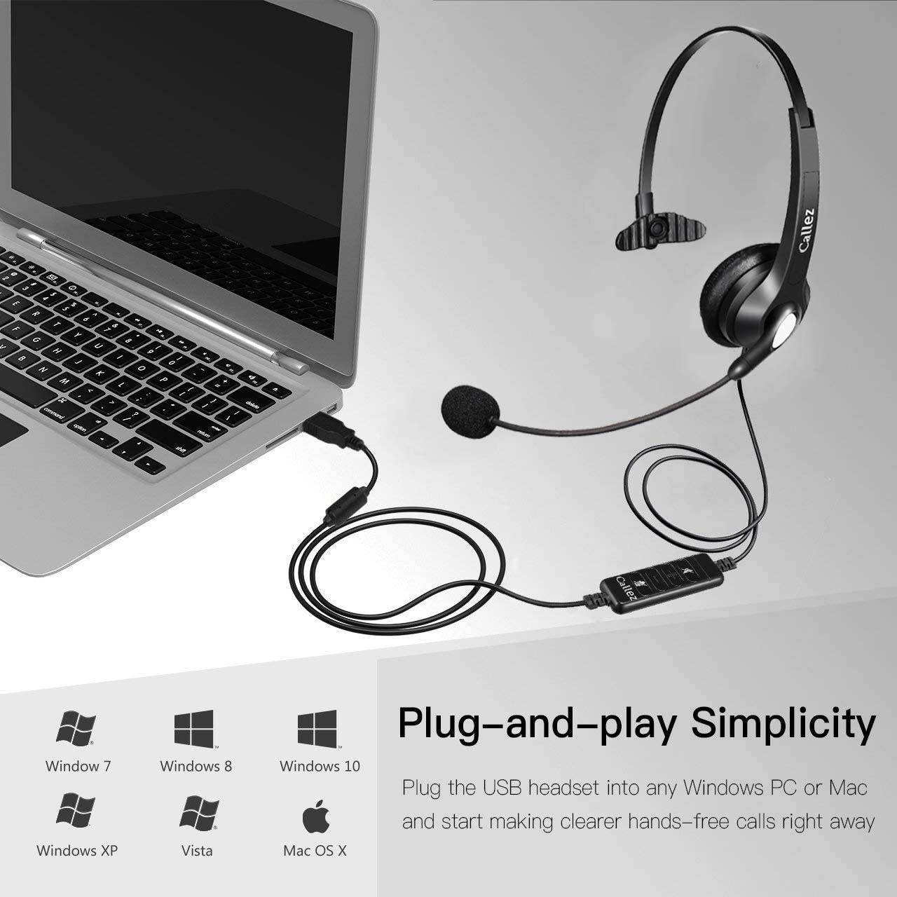 USB Headset with Microphone Noise Cancelling & Audio Controls, Wideband Computer Headphones for Business UC Skype Lync Softphone Call Center Office, Clearer Voice, Super Light, Ultra Comfort