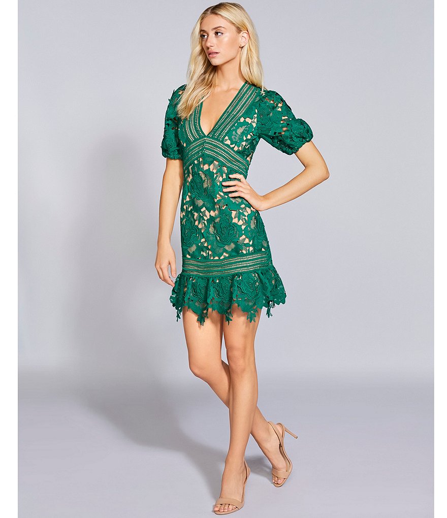 Adelyn Rae Plunge V-Neck Lace Short Sleeve A-Line Mini Dress