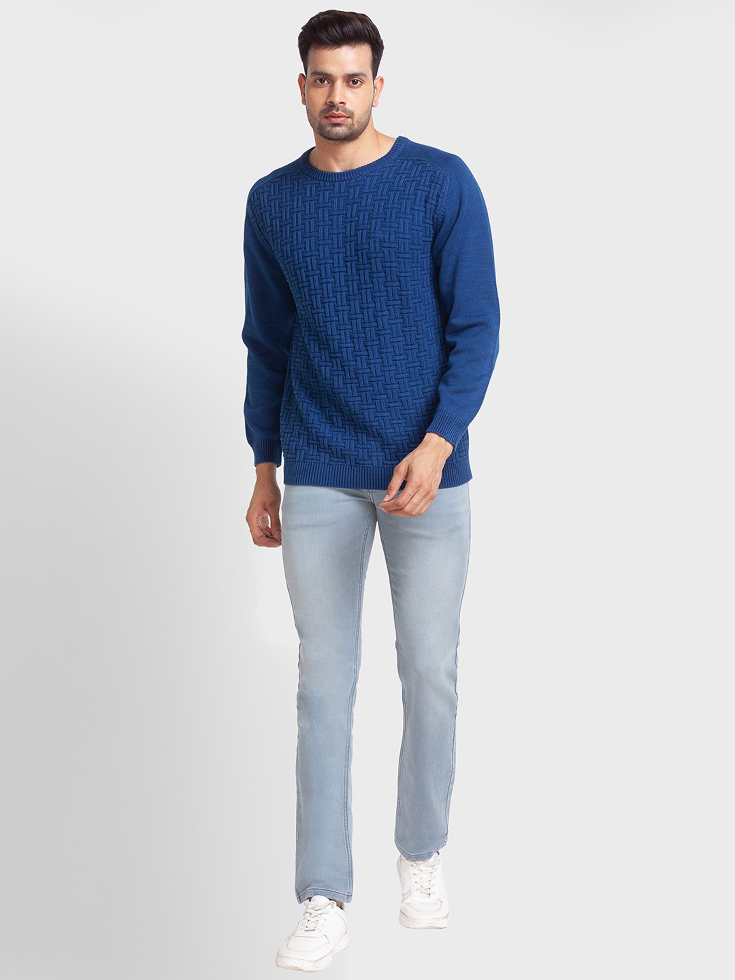 ColorPlus Blue Cotton Tailored Fit Self Pattern Sweaters
