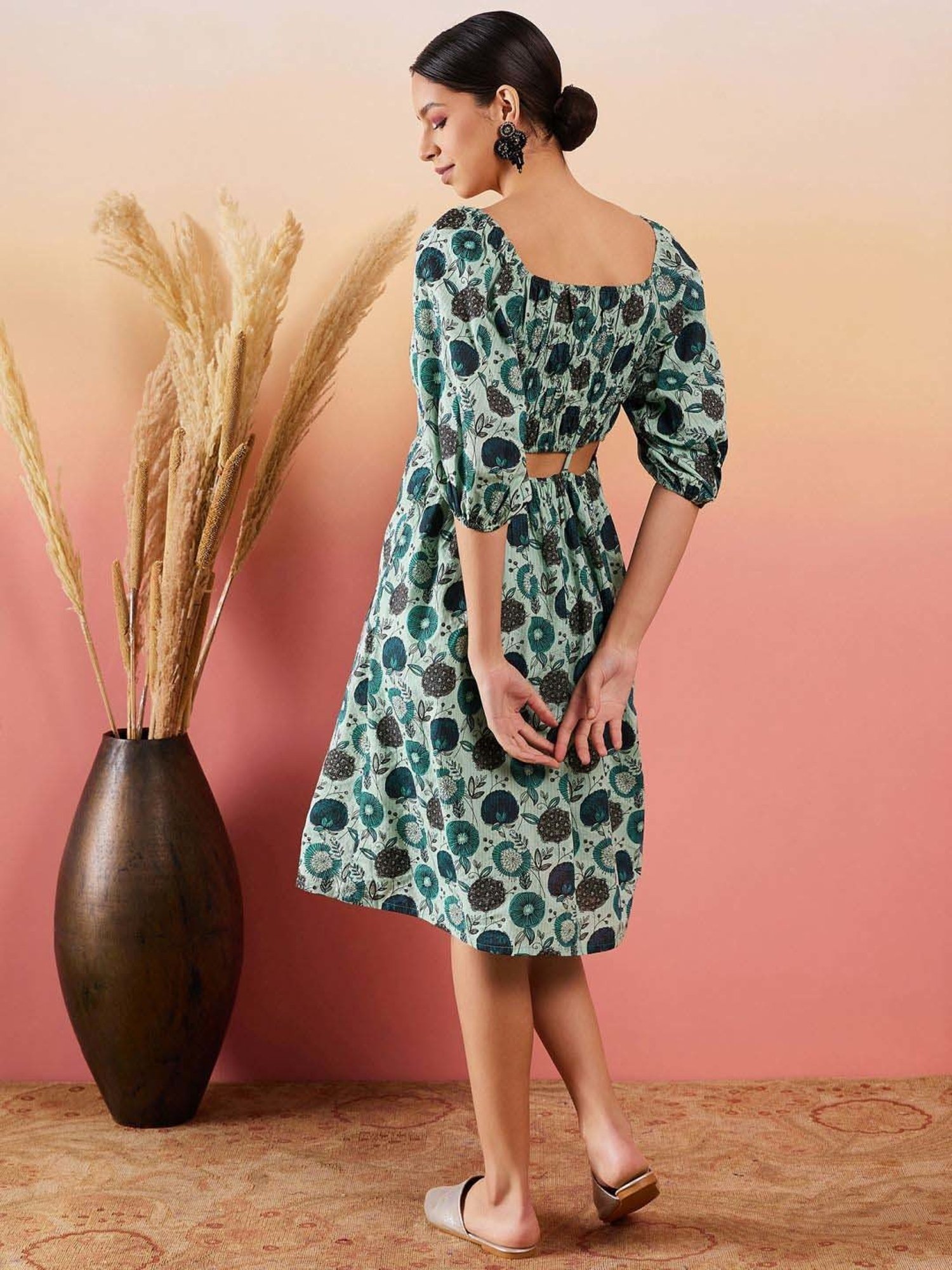 Inweave Blue Cotton Floral Print A-Line Dress