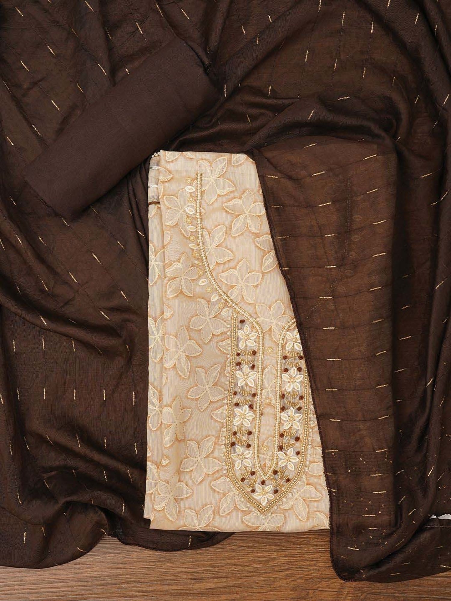 Jaipur Kurti Beige Embellished Unstitched Dress Material