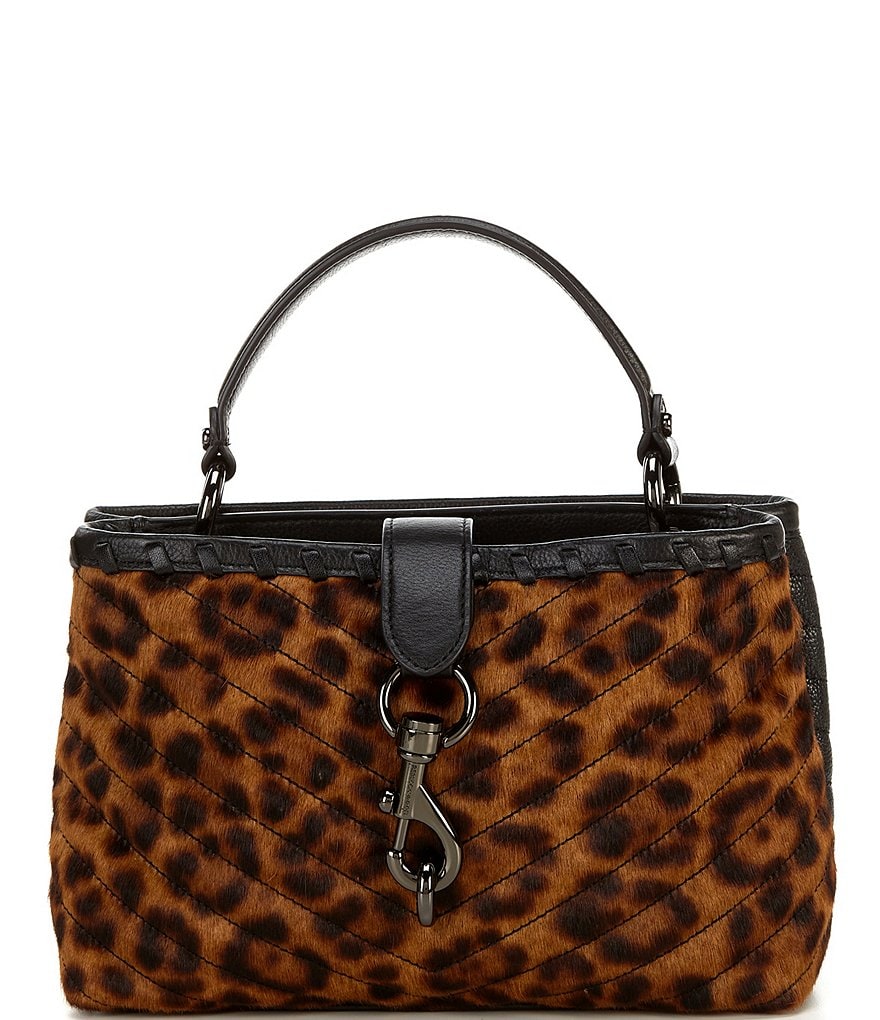 REBECCA MINKOFF Edie Whipped Top Handle Quilted Leopard Haircalf Satchel Bag