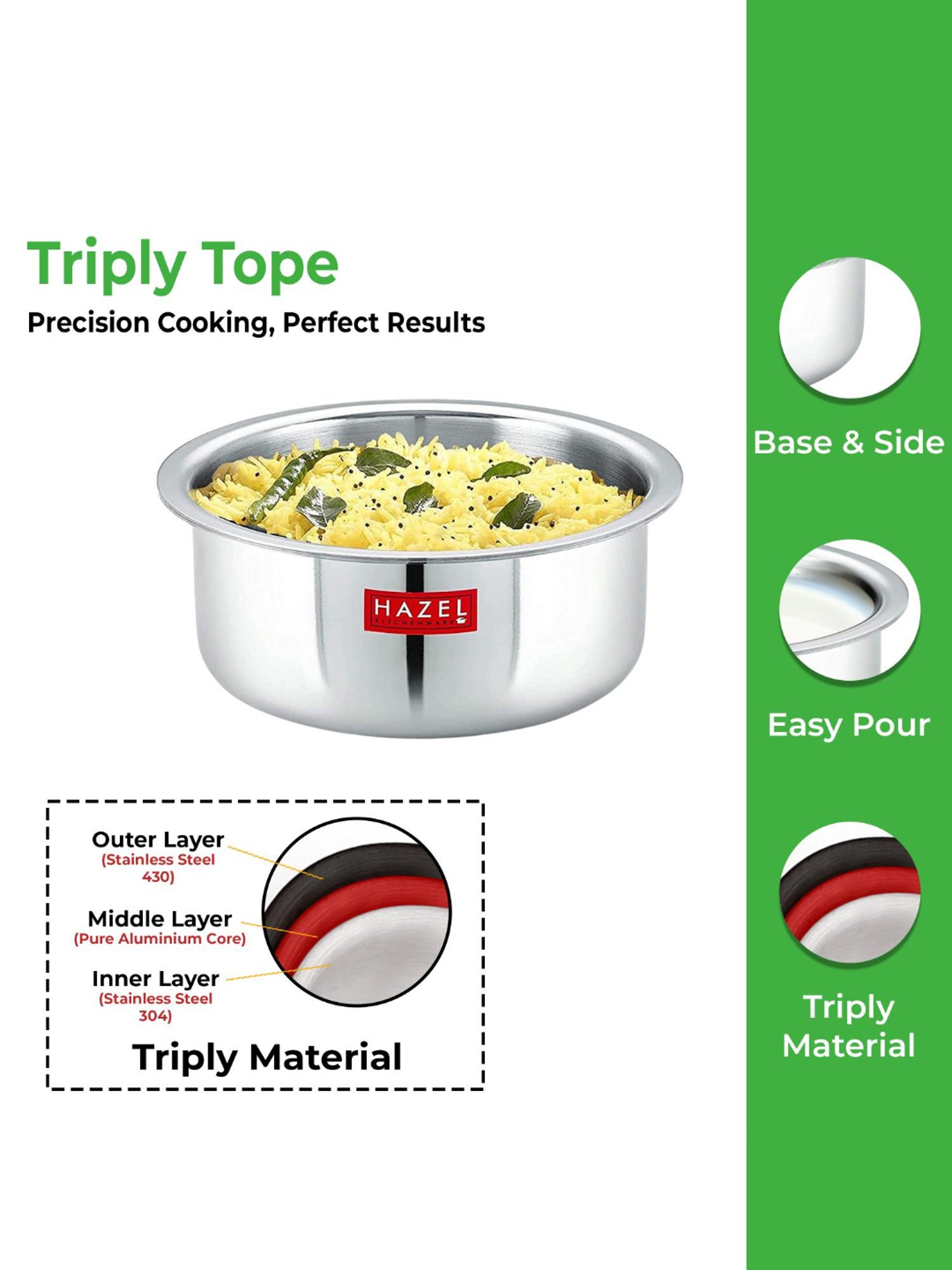 HAZEL Triply Stainless Steel Induction Bottom Tope With Stainless Steel Lid, 4.6 Litre, 23 cm