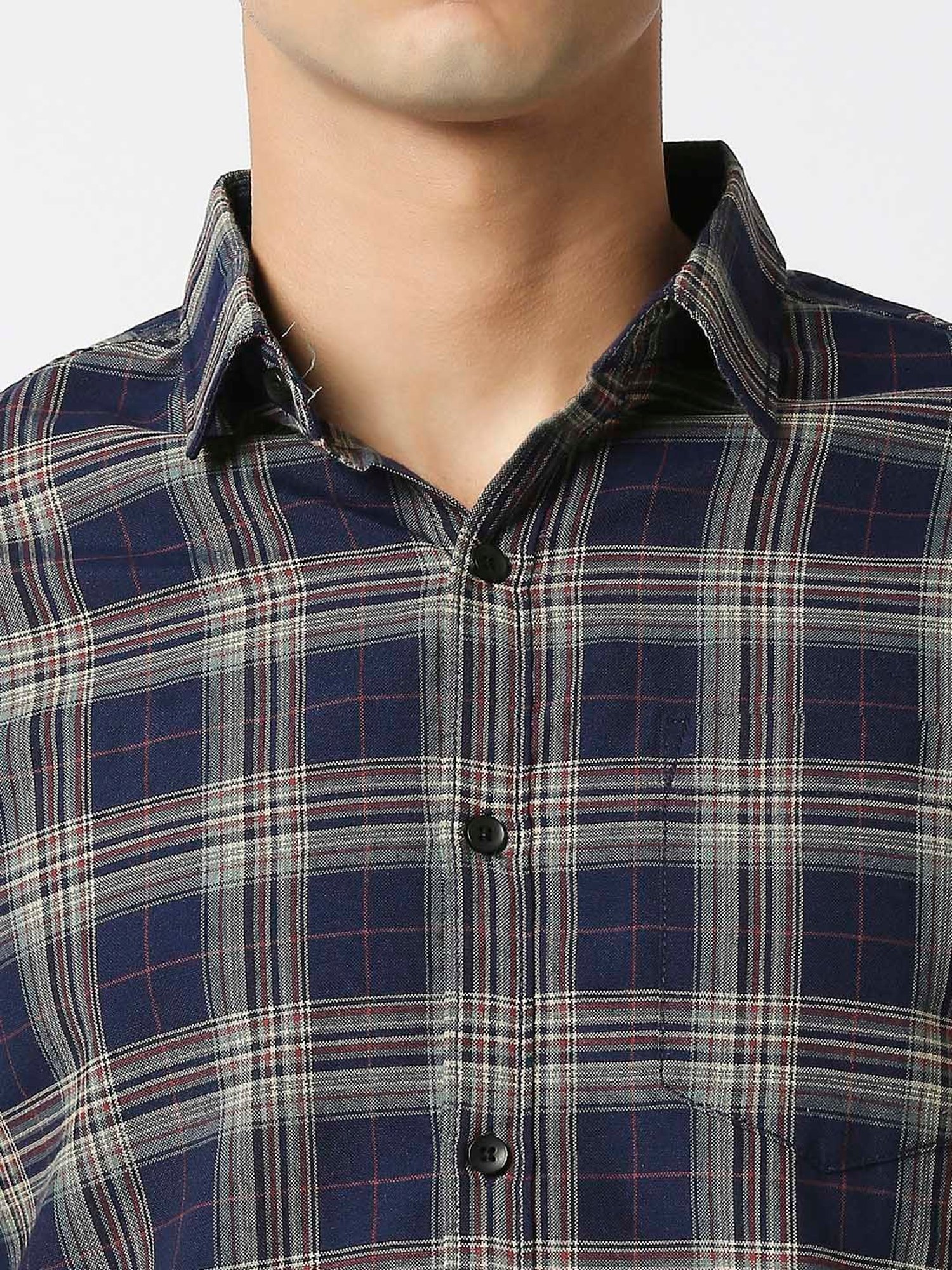 HJ HASASI Dark Blue Slim Fit Check Cotton Shirt
