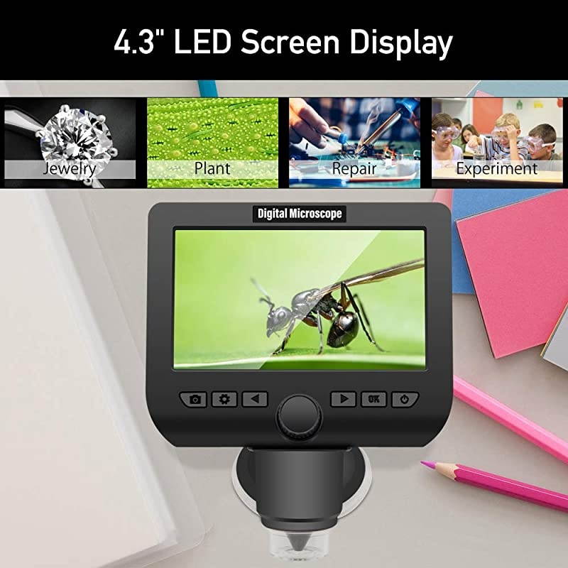 Digital Wireless Microscope,  4.3 Inches LCD USB Digital Microscope 1080P 50X to 1000X WiFi Magnification Magnifier with 8 LED Adjustable Lights