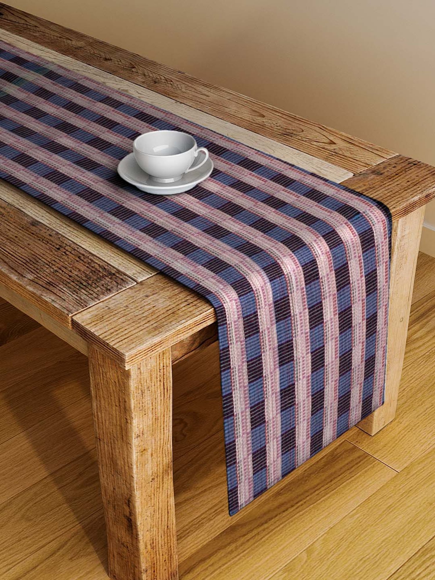 NEUDIS Blue & Red Hand Woven Cotton 6 Seater Table Runner - Set of 1