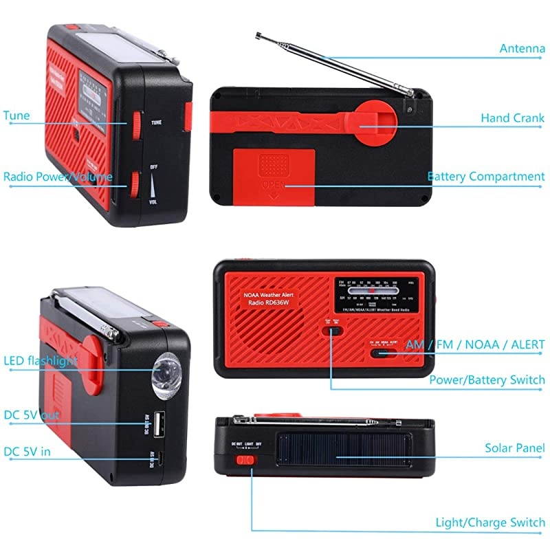 Radio with Solar and Hand Crank Self Powered Portable FMAM NOAA Weather Radio with Alert Battery USB Recharging LED Flashlight Cell Phone Charger red