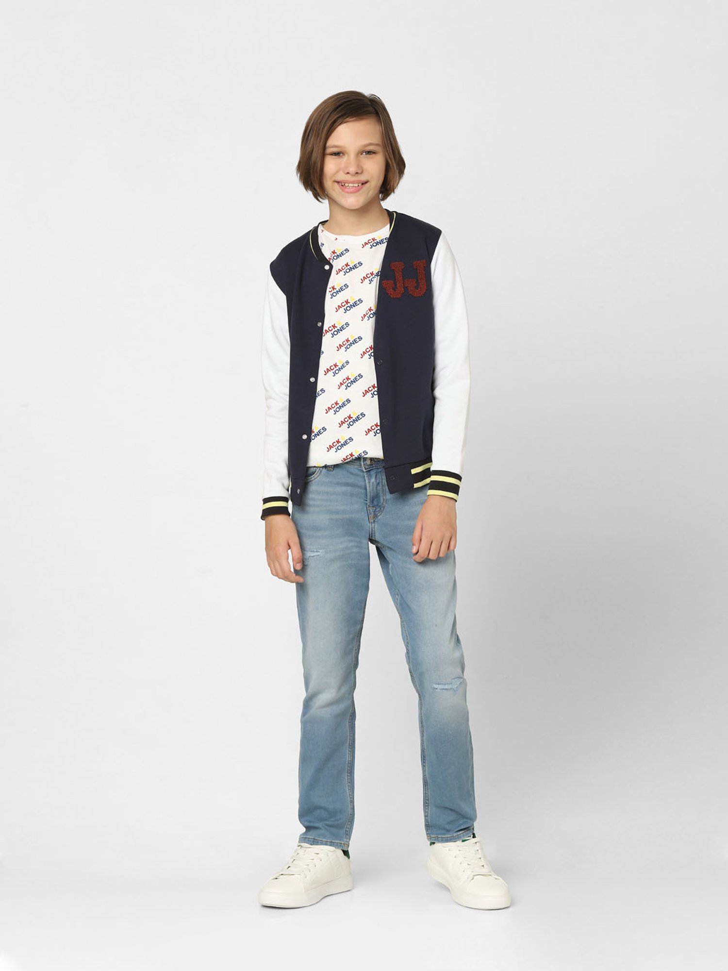 Jack & Jones Junior Navy & White Printed Full Sleeves Jacket