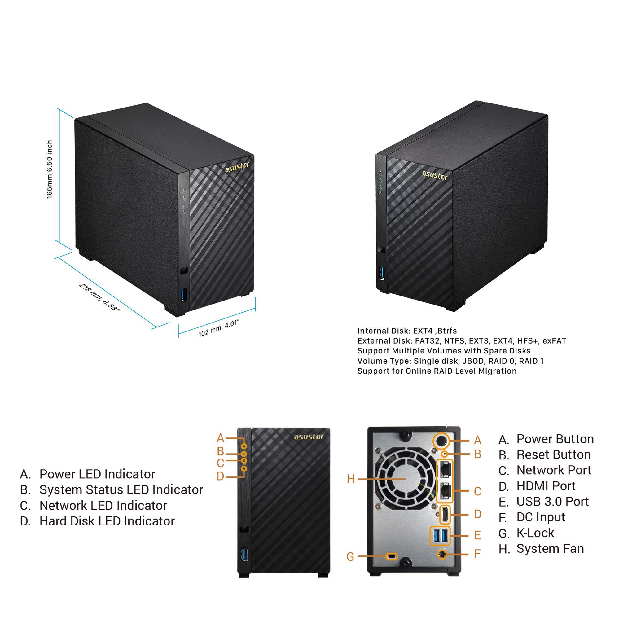 Asustor AS3102T v2 | Network Attached Storage + Free exFAT License | 1.6GHz Dual-Core, 2GB RAM | Personal Private Cloud | Home Media Server (2 Bay Diskless NAS)