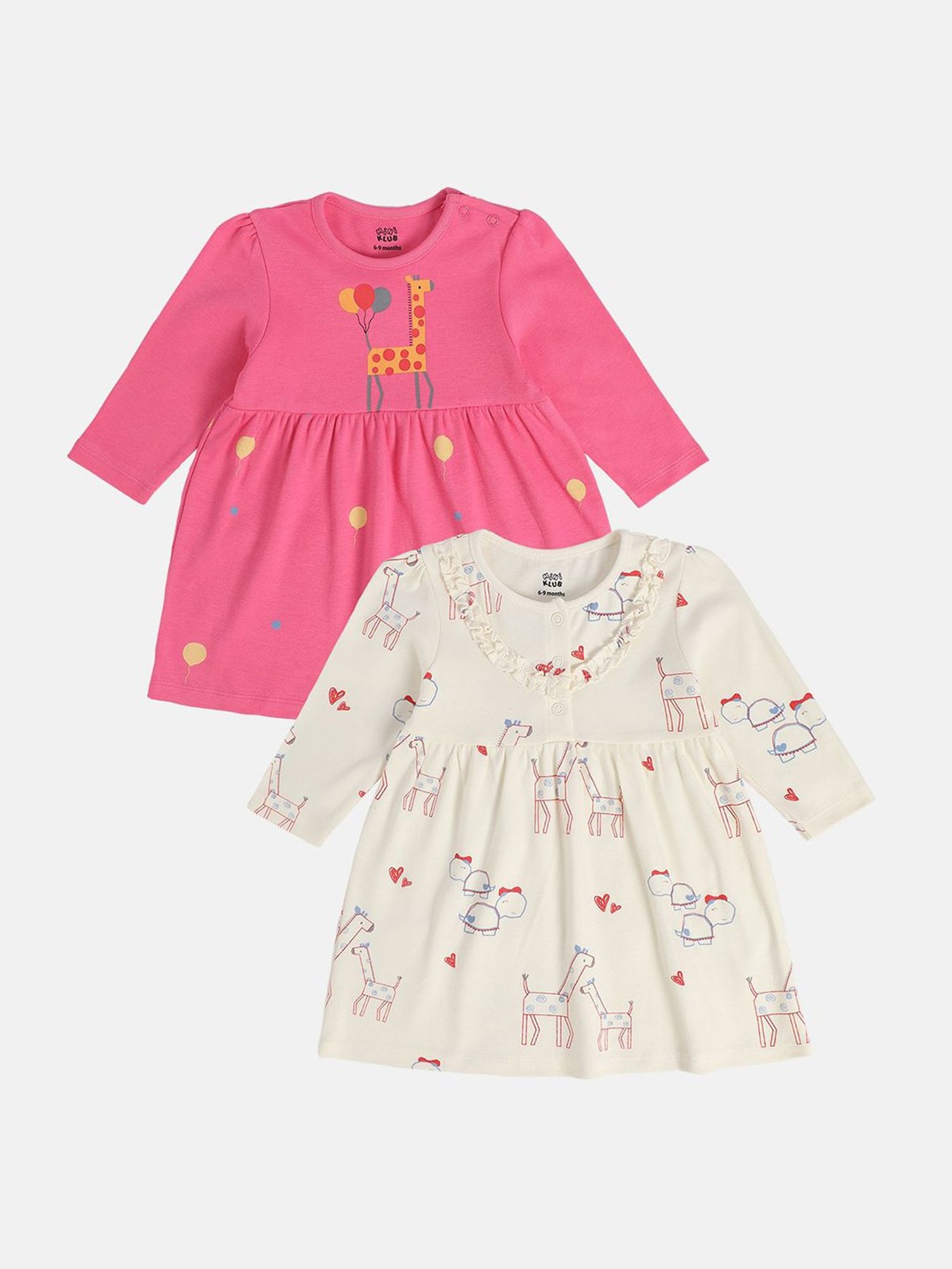 MINIKLUB Girls Pink & White Printed Full Sleeves Dress (Pack Of 2)