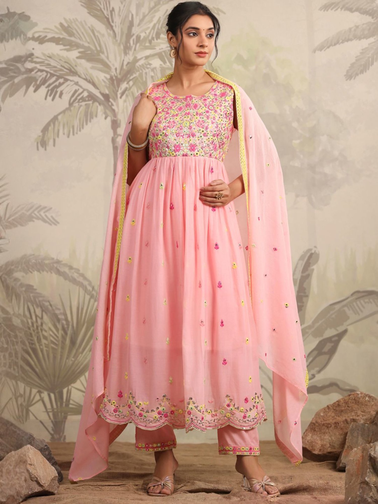 SCAKHI Pink Cotton Embroidered Kurta Pant Set With Dupatta