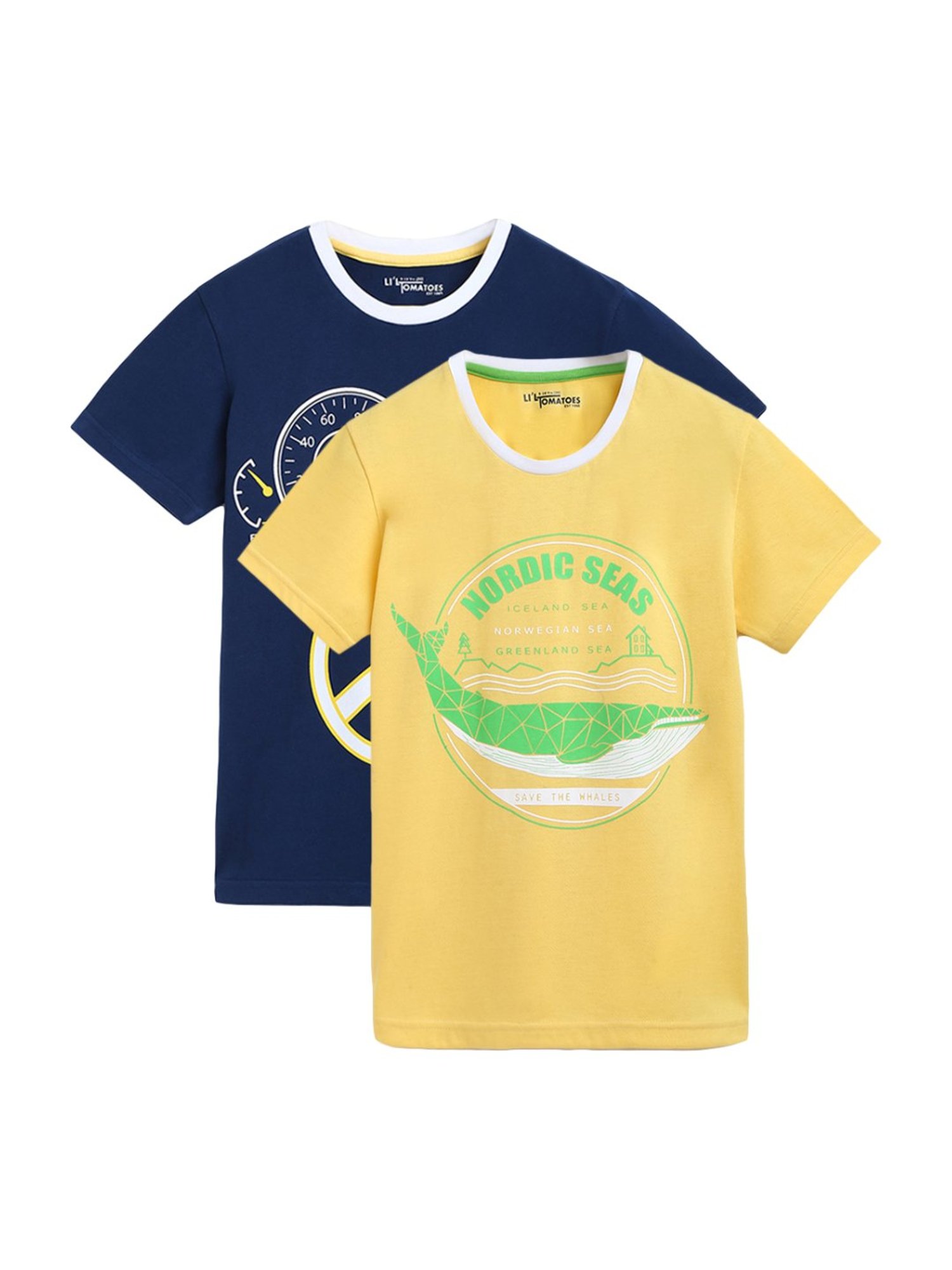 Li'l Tomatoes Kids Dark Blue & Yellow Cotton Graphic Print T-Shirt - Pack of 2