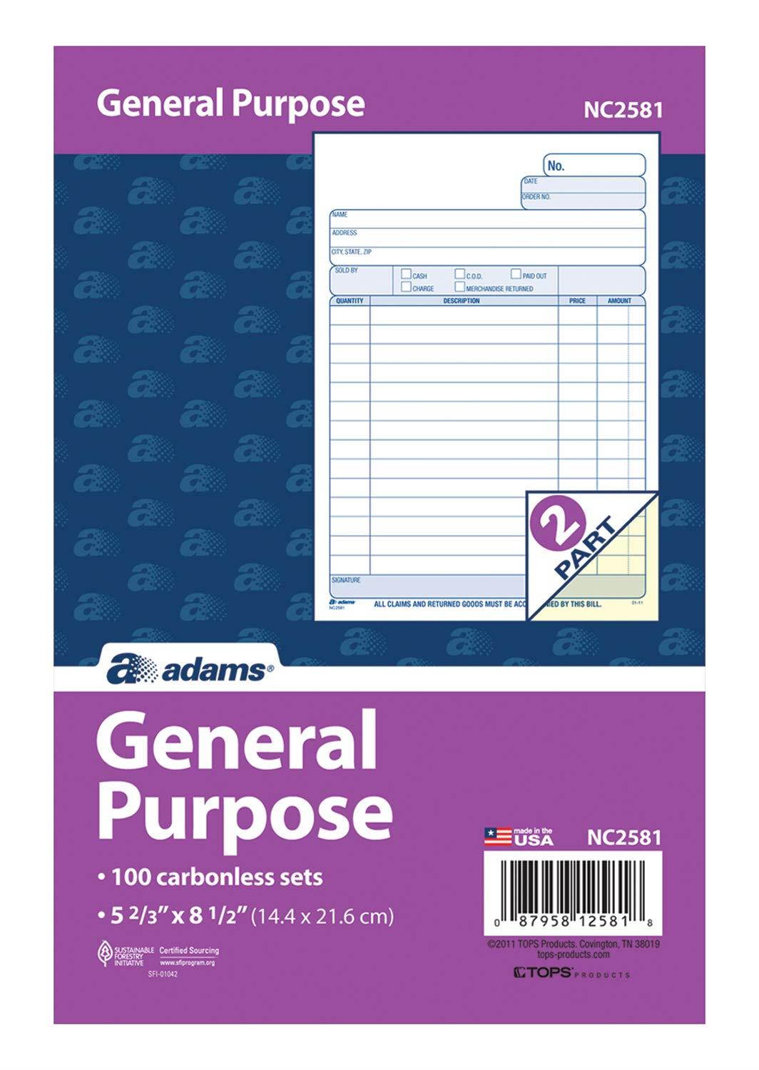 Adams General Purpose Unit Sets, 5.67 x 8.5 Inches, 2-Part, Carbonless, White/Canary, 100 Sets per Pack (NC2581)