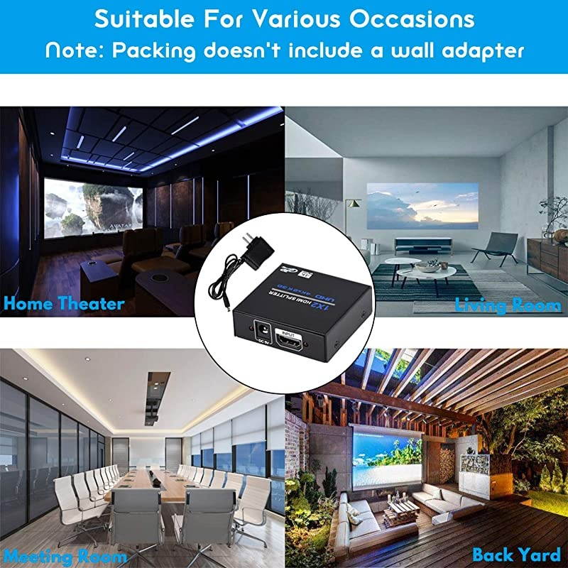 1x2 HDMI Splitter, 1 in 2 Out HDMI Splitter Audio Video Distributor Box Support 3D & 4K x 2K Compatible for HDTV, STB, DVD, Projector Etc