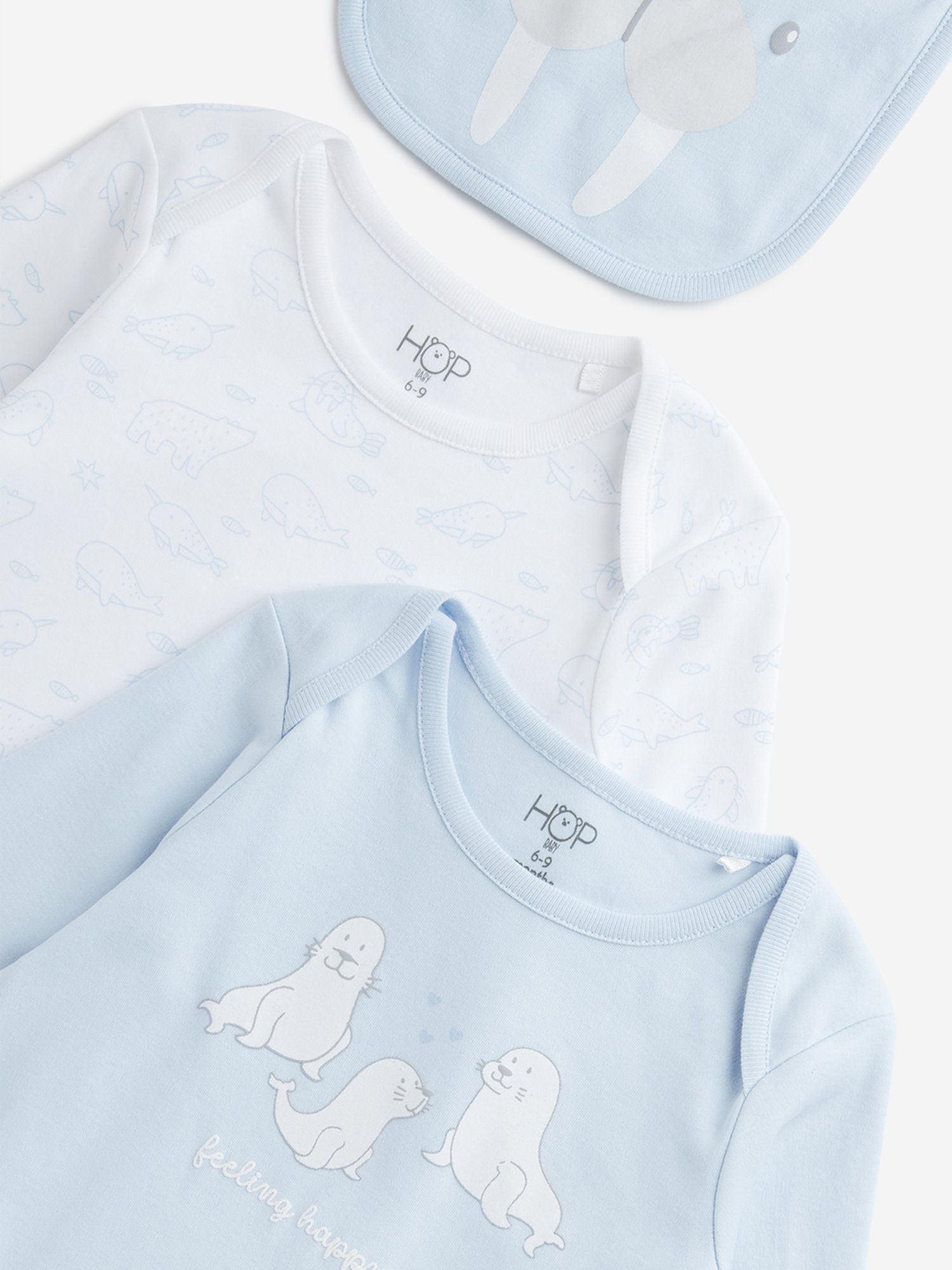 HOP Baby by Westside Light Blue Print Cotton Rompers & Bib - Pack of 2