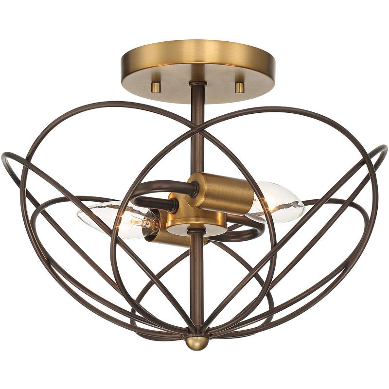 360 Lighting Mid Century Modern Ceiling Light Semi Flush Mount Fixture Bronze Warm Brass 13" Wide 2-Light Open Wire Caged Bedroom