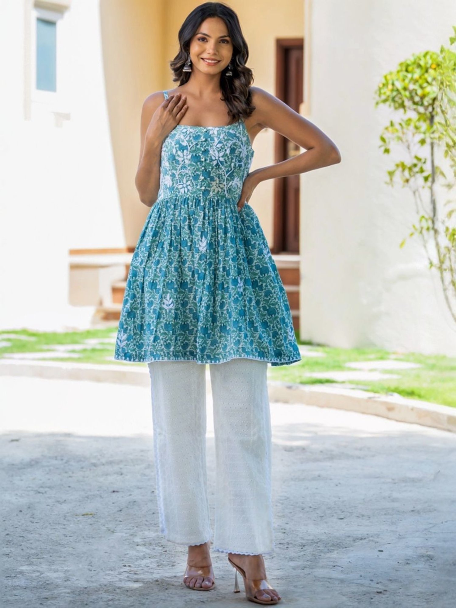 HOUSE OF JAMOTI Blue & White Cotton Printed Tunic Palazzo Set