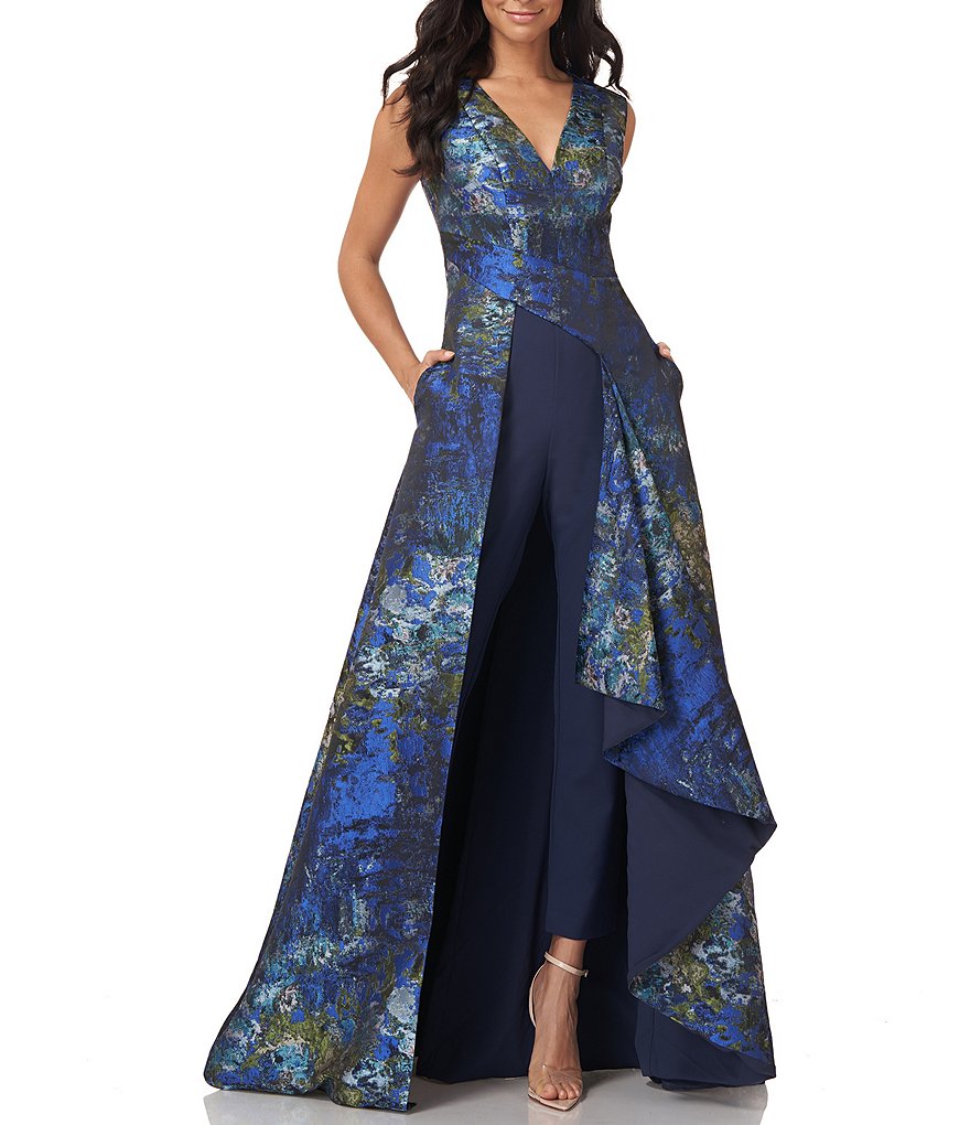 Kay Unger Sidney Jacquard and Crepe Walk-Thru Jumpsuit Dress