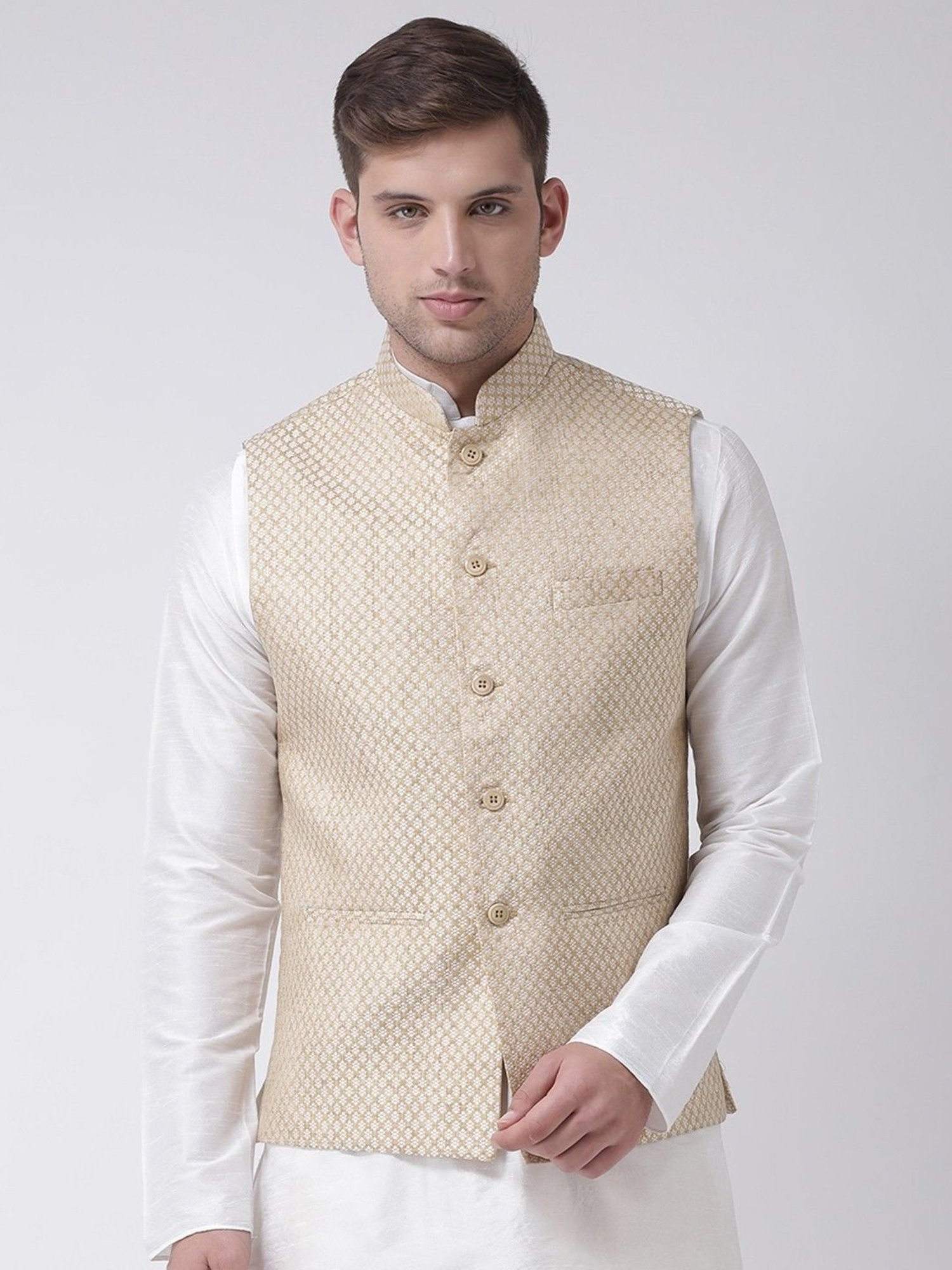 TABARD White Regular Self Pattern Nehru Jacket