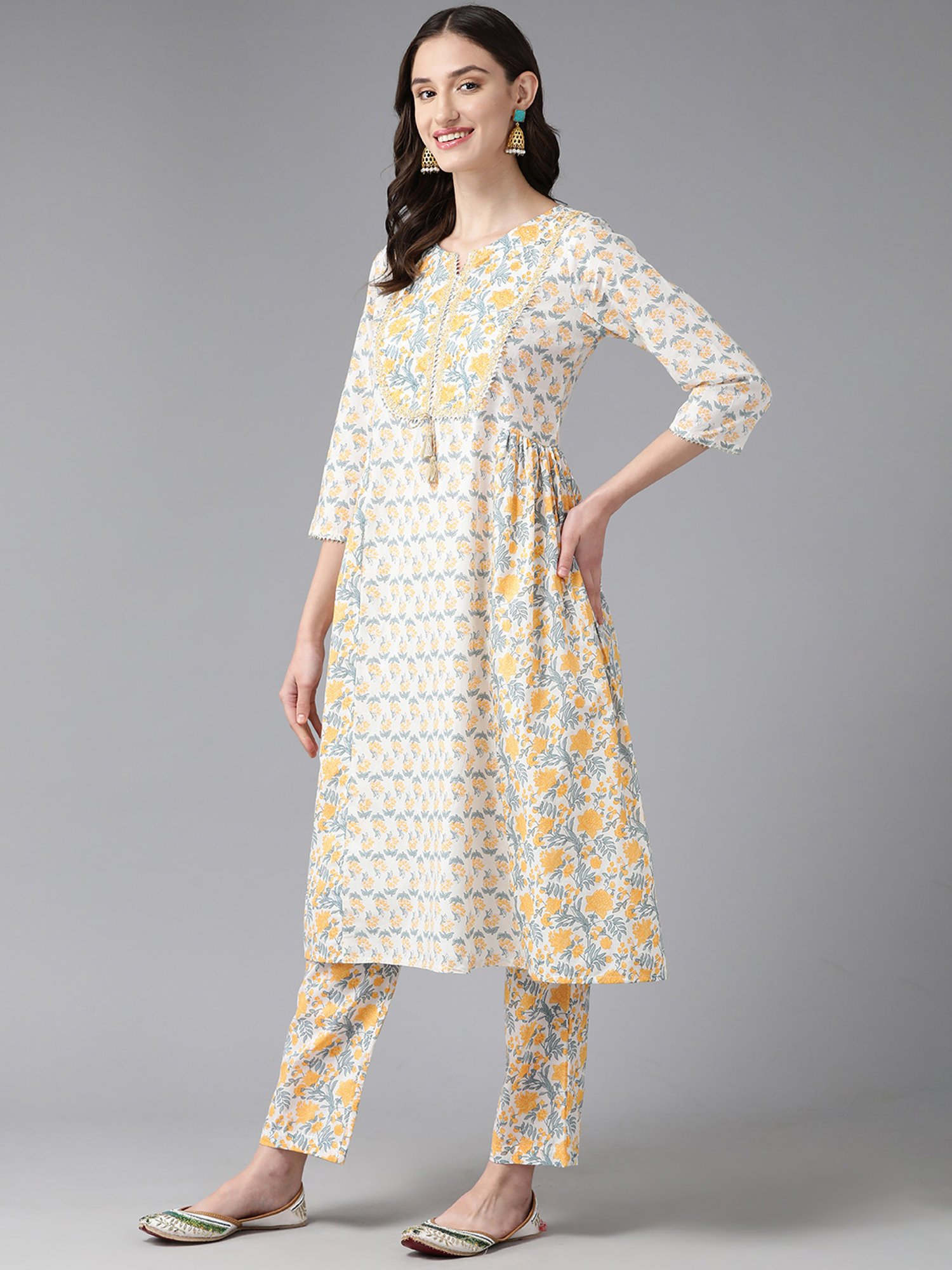 Prakrti White Cotton Floral Print Kurta With Pant & Dupatta