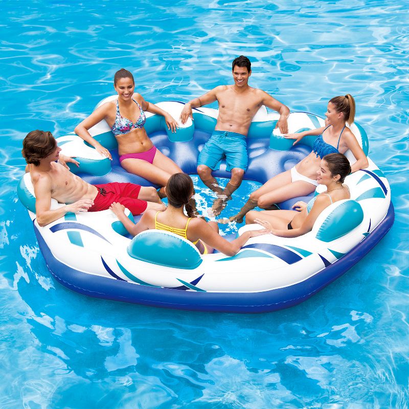 Summer Waves K80011000156 Inflatable 6 Person Party Pad with Cup Holders and Backrests for Pools Beaches, and Lakes, Blue