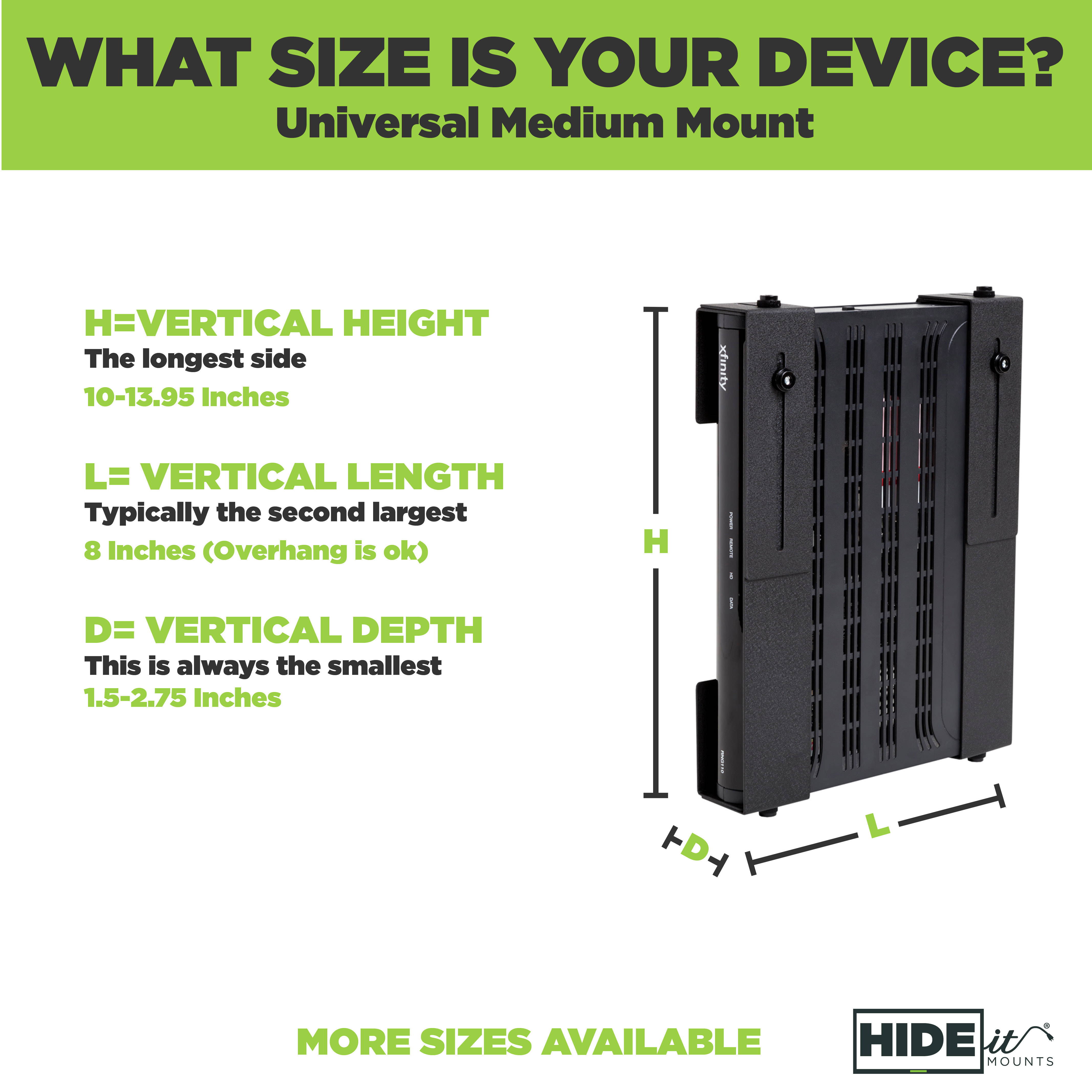 HIDEit Uni-M Mount - Patented Adjustable Medium Sized Device Wall Mount for Cable Boxes - Made in the USA