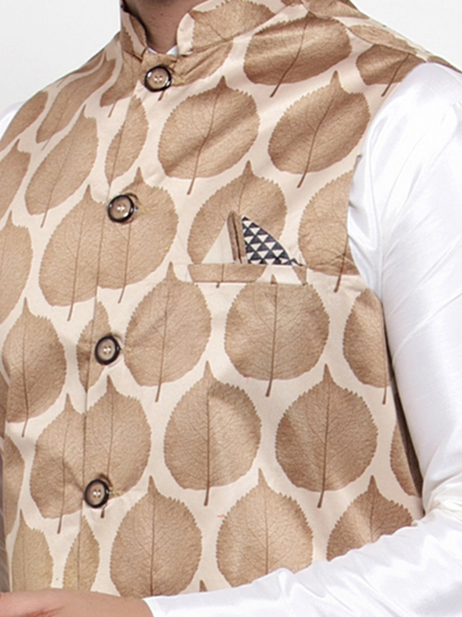 Jompers Brown Regular Fit Tropical Print Nehru Jacket