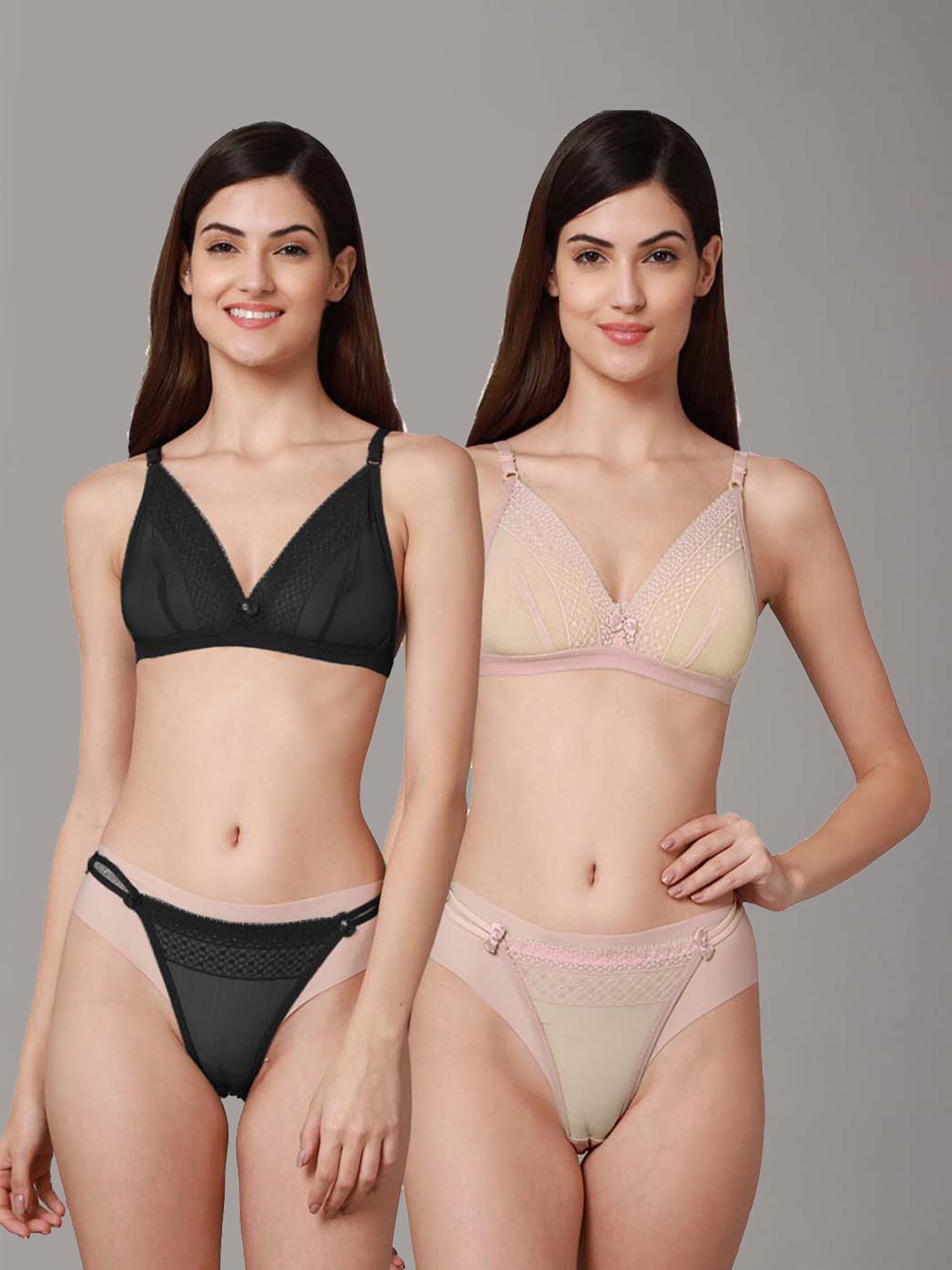 AROUSY Black & Beige Self Pattern Bra Panty Set - Pack Of 2