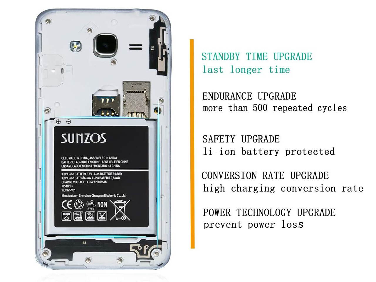 Galaxy J3 Battery, SUNZOS 2600mAh Replacement Battery for Samsung Galaxy Grand Prime SM-G530, Galaxy J5, Galaxy J3 J320A J320V EB-BG530BBU EB-BG530BBE J5-G530P