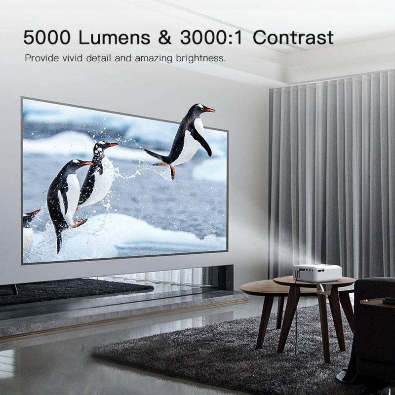 Mini Projector, APEMAN 5000 Lumen 1080P Supported Projector, 200'' Display 50000 Hrs LED Life, Dual Speakers Portable Projector, Compatible with HDMI, USB, VGA, TF, PS4, Laptop, DVD for Home Cinema