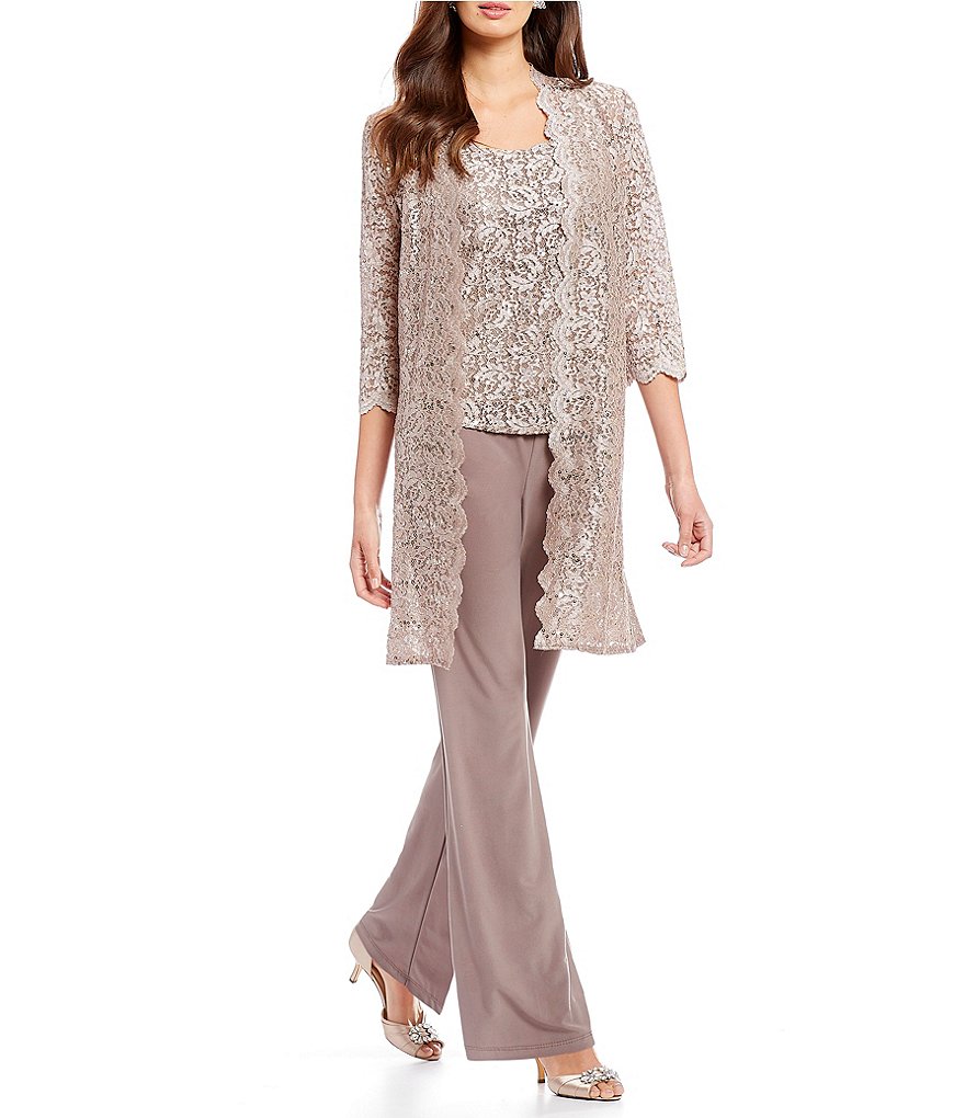 R & M Richards 3-Piece Sequin Glitter Scallop Lace Duster Pant Set