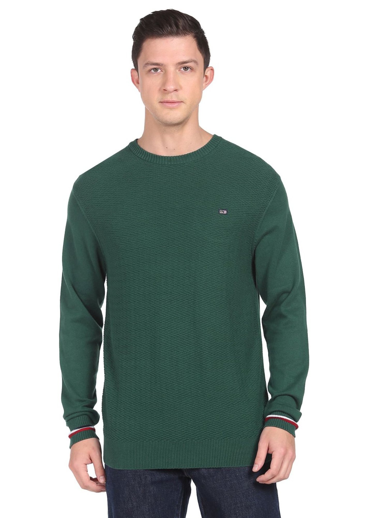 Arrow Sport Dark Green Cotton Regular Fit Self Pattern Sweaters