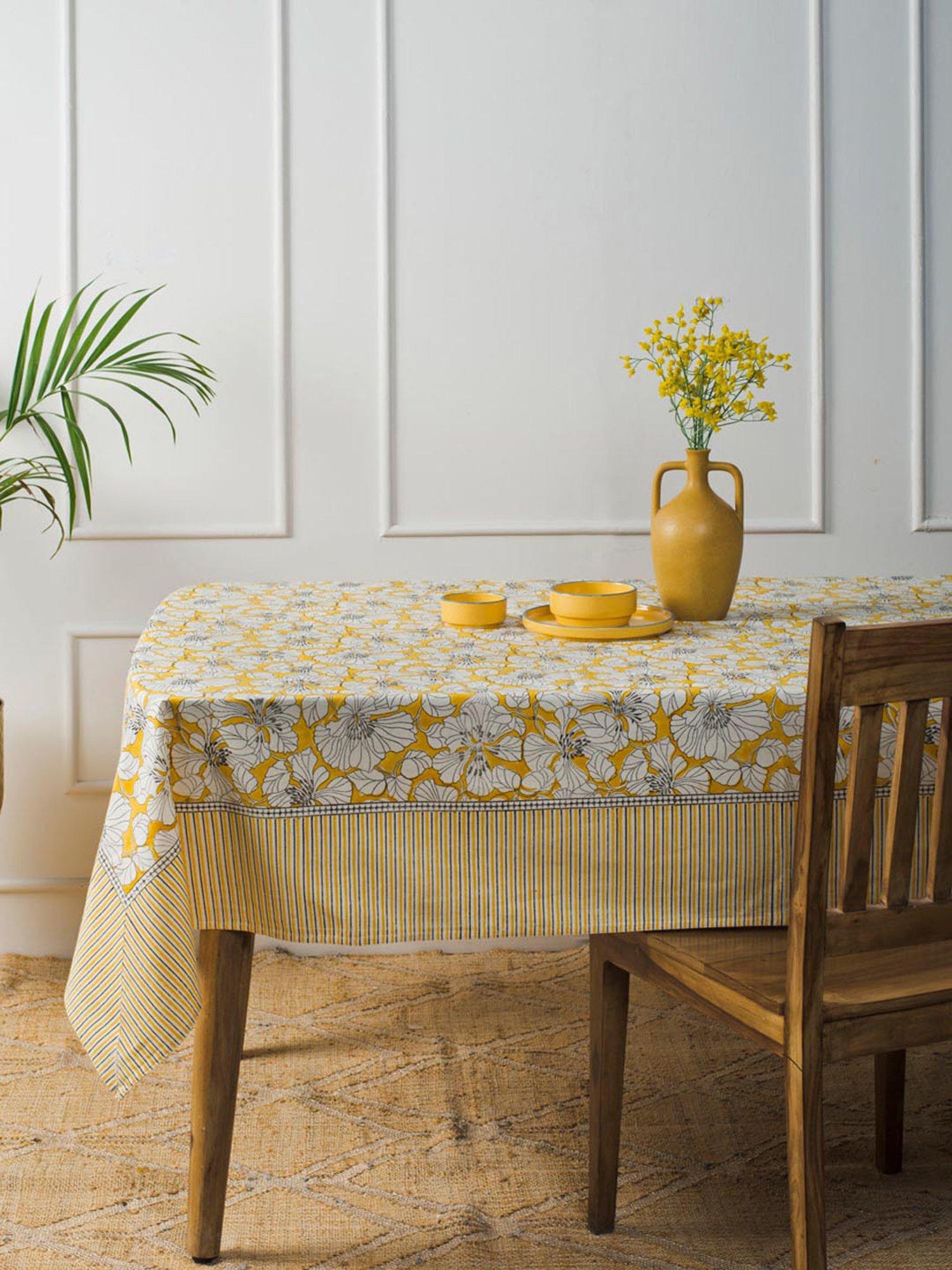 Fabindia Yellow Cotton Kusum Hand Block Printed Table Cover- 6 Seater