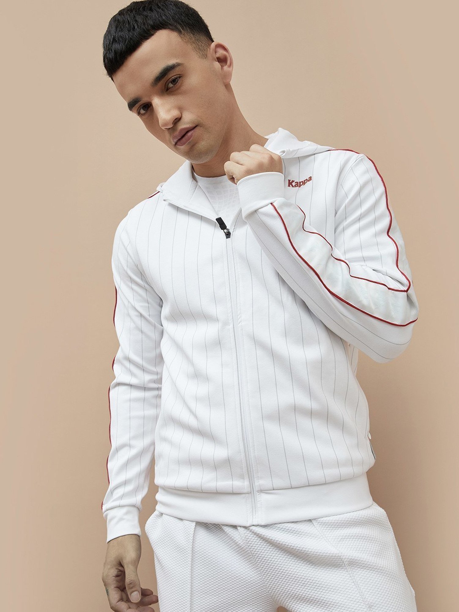 Kappa White Regular Fit Striped Hooded Sweatshirt