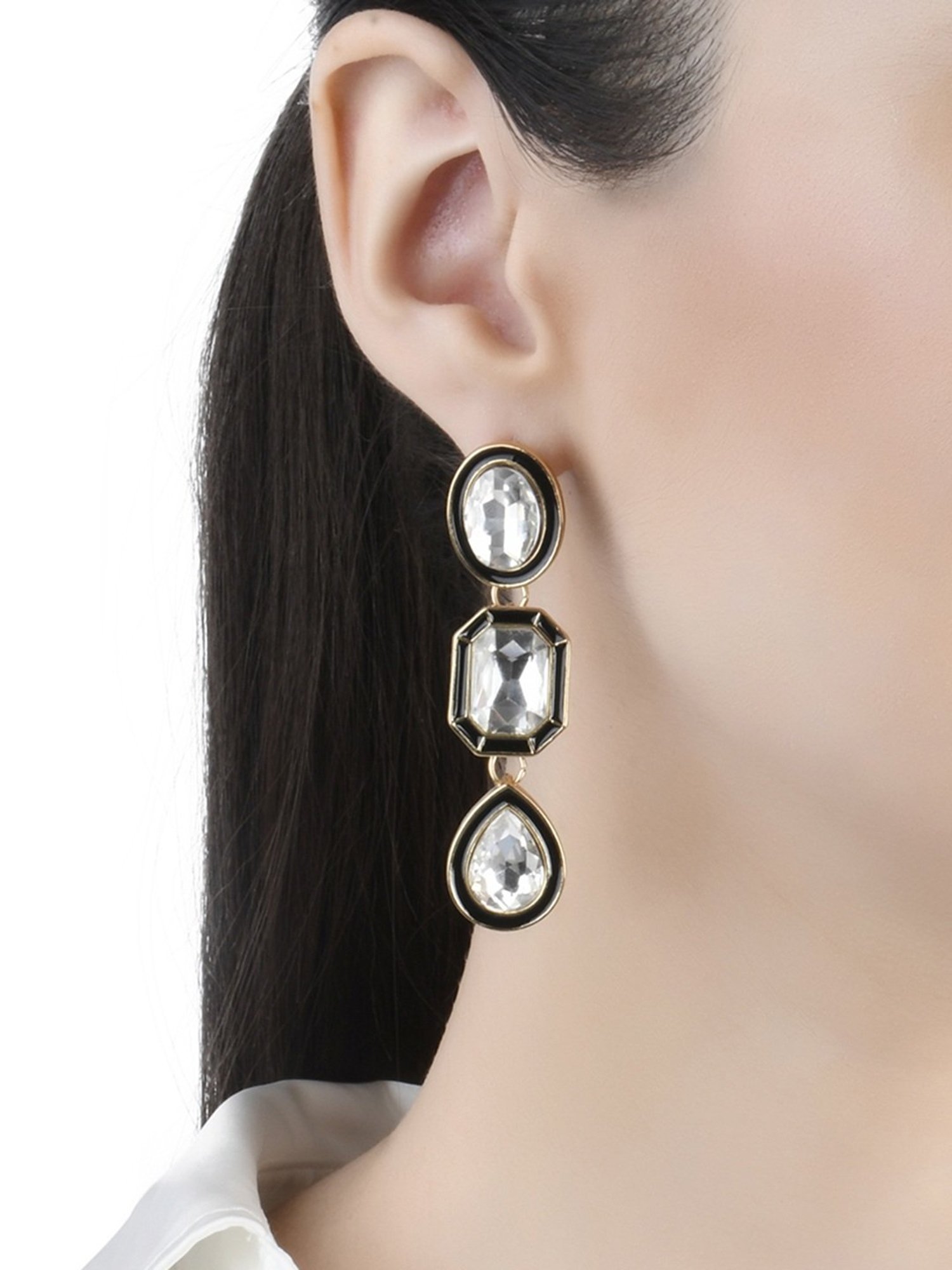 Lilly & Sparkle Gold Toned White Stone Studded Statement Drop Earrings