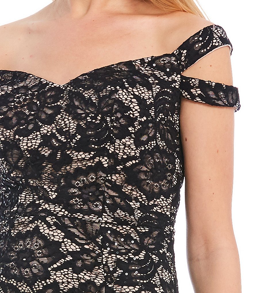 Teeze Me Off-the-Shoulder Double Strap Sleeve Two-Tone Lace Bodycon Dress