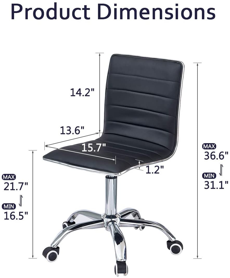 Ribbed Swivel Desk Chair Adjustable Task Chair PU Leather Mid Back Rolling Office Chair with Wheels Padded Task Conference Chair with Backrest for Office Home Computer Without Arms, White
