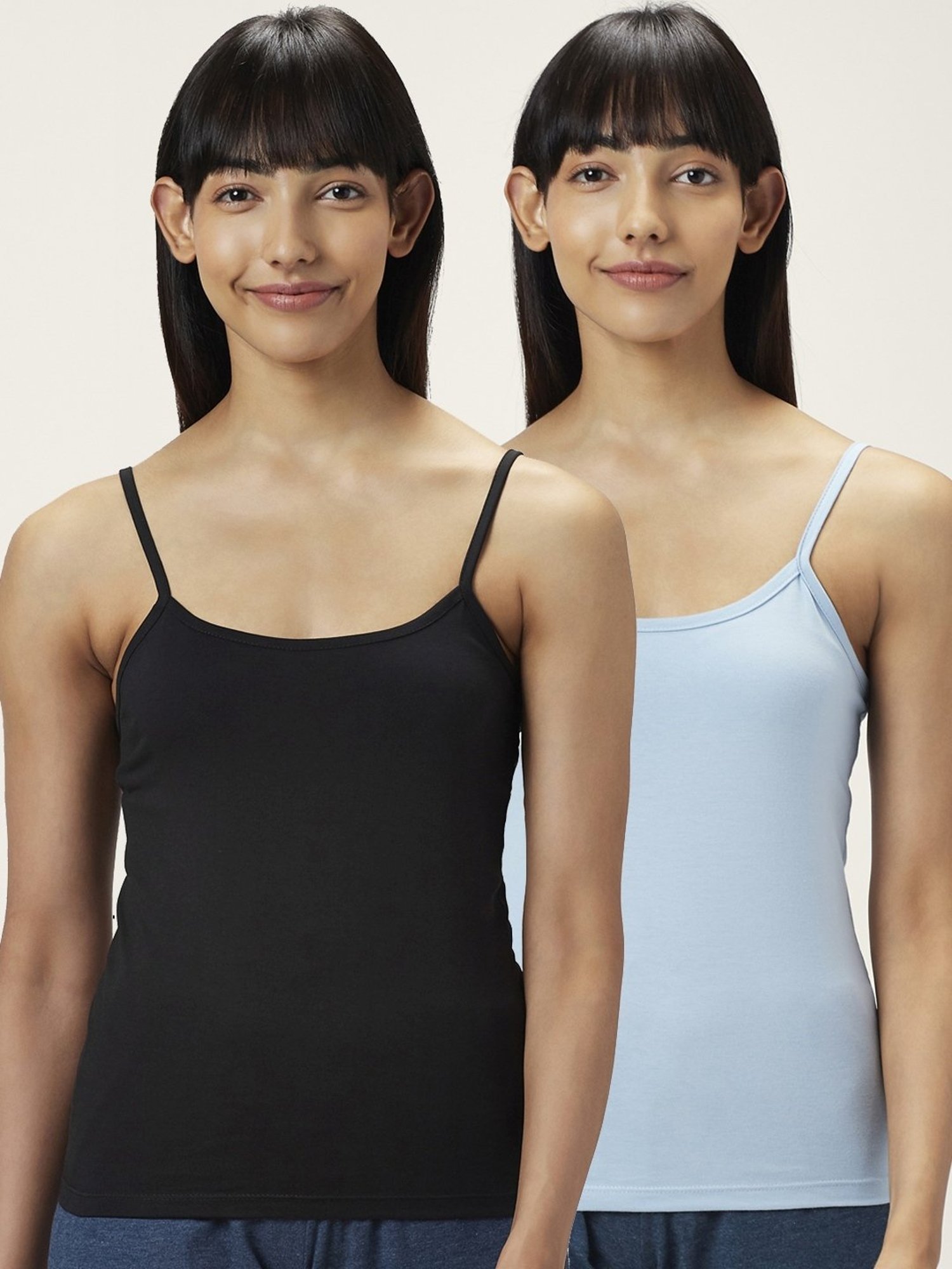 Dreamz by Pantaloons Sky Blue & Black Cotton Camisoles - Pack Of 2