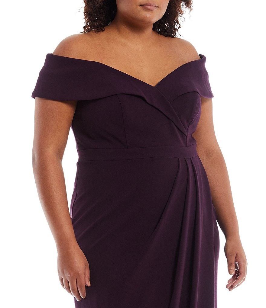 Xscape Plus Size Off-the-Shoulder V-Neck Short Sleeve Tulip Skirt Sheath Gown