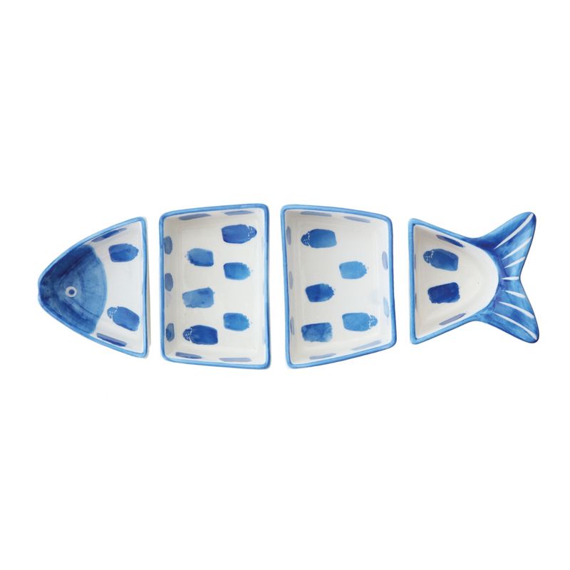 4pc Stoneware Fish Shaped Serving Bowl Set Blue/White - 3R Studios