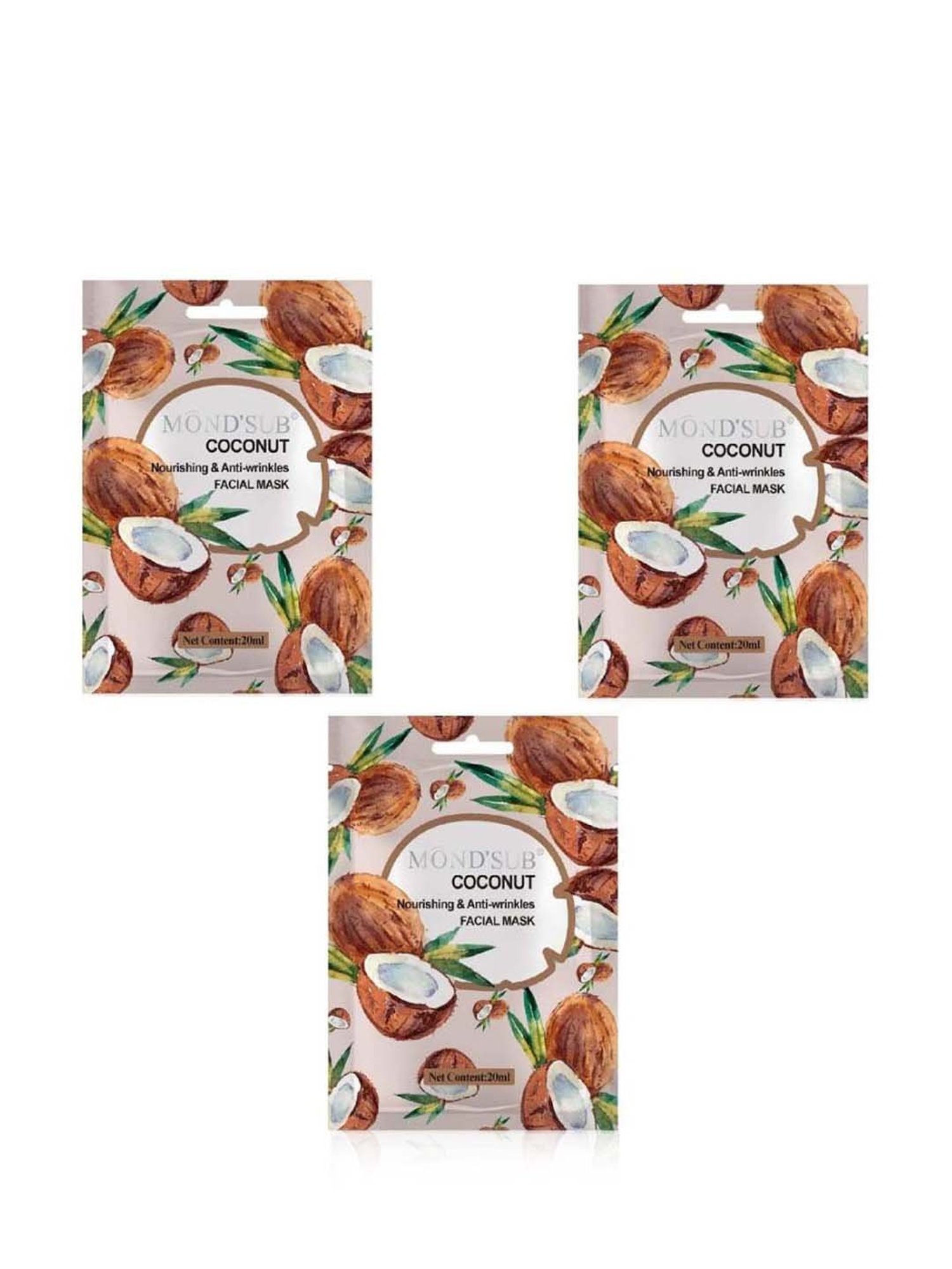 MONDSUB Coconut Anti Wrinkles Face Sheet Masks (Pack of 3) - 20 ml Each